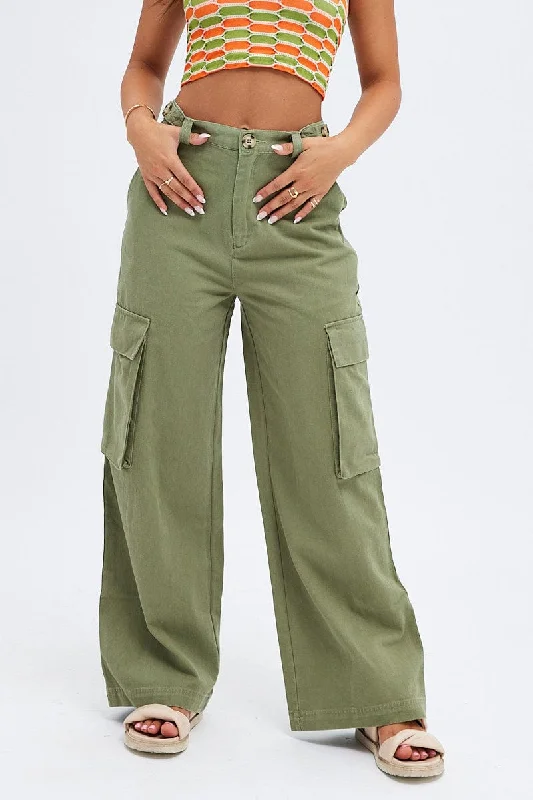 Women Clothes Green Wide Leg Pants Cargo Pockets