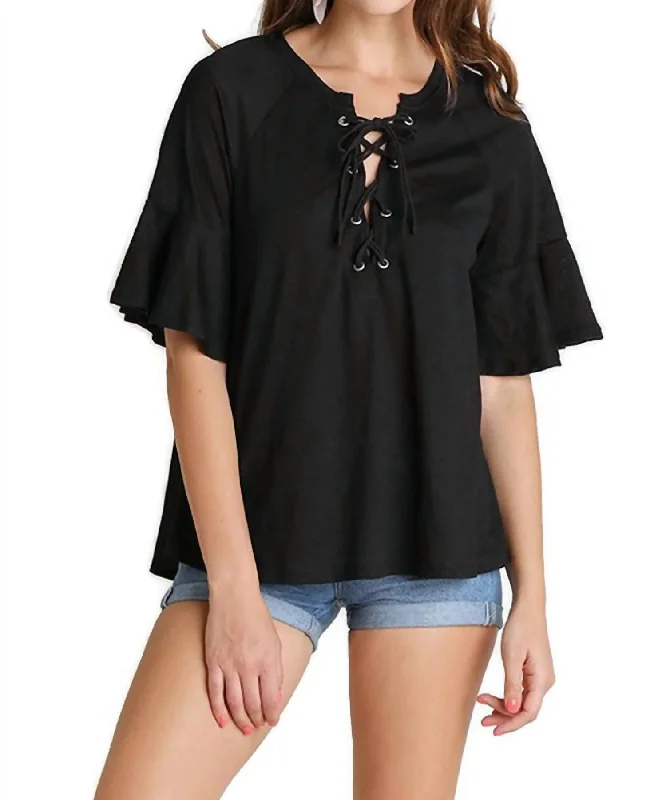 Trendy Women's Outfits for Casual Wear Lace Up Bell Sleeve Top In Black