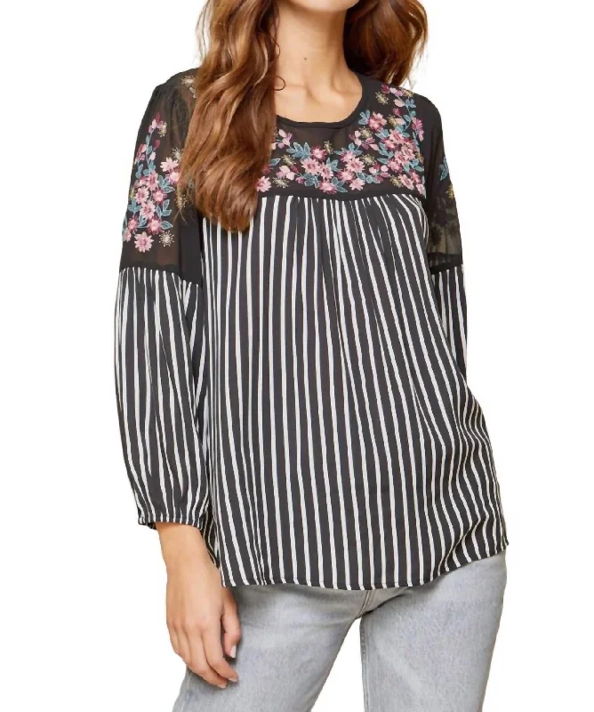 Flash Sale, Don't Miss Floral Embroidered & Striped Top In Black