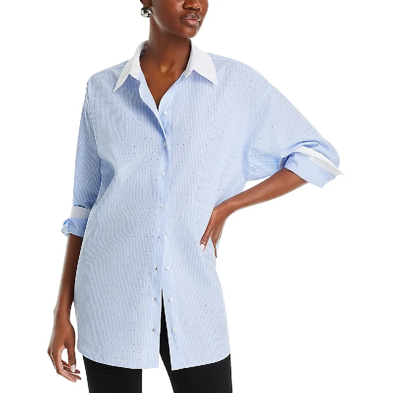 Woman Clothing Womens Embellished Striped Button-Down Top