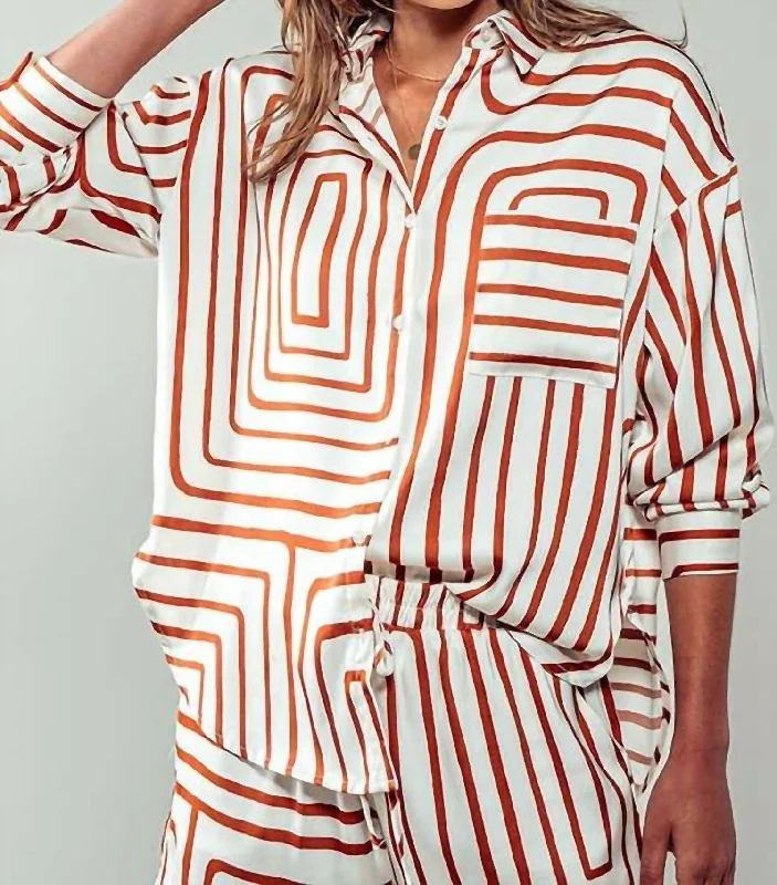 Embrace New Fashion Silky Geometric Button Up In Brown