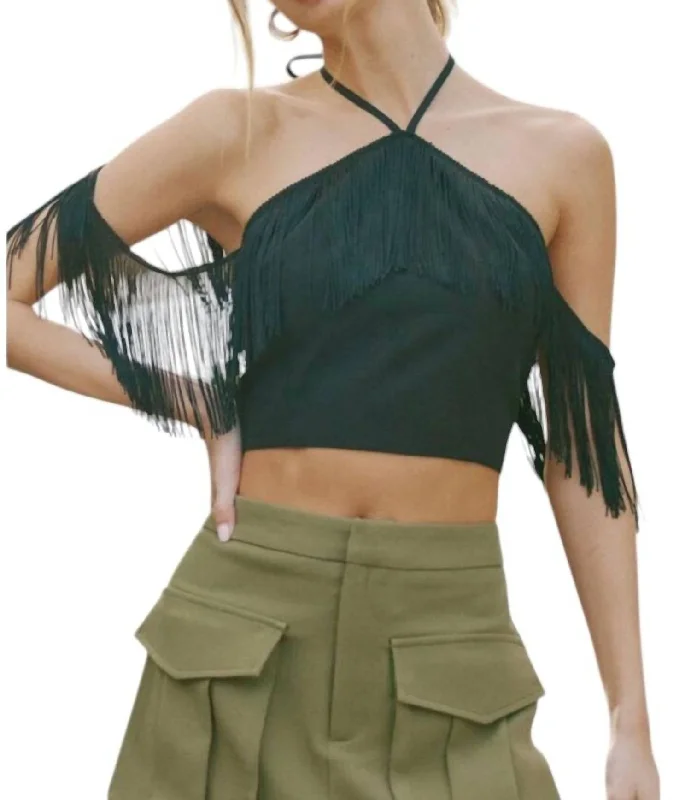 Versatile Women's Fashion Fringe Detail Halter Neck Top In Black