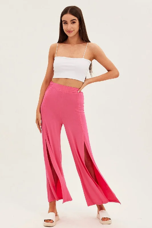 Flash Sale Online Hot Pink Wide Leg Pants High Rise Front Split