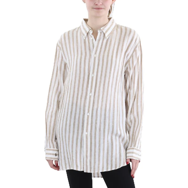 Premium Fabrics Womens Linen Striped Button-Down Top