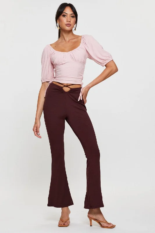 Chic And Trendy Brown Flare Pants High Rise Waist Tie