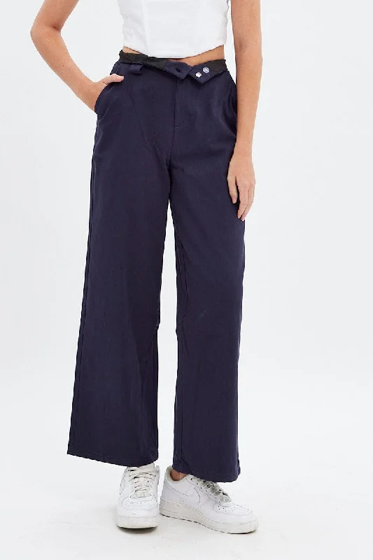 Trendy Boutiques Online Blue Pant Straight Leg Turned Down Waist