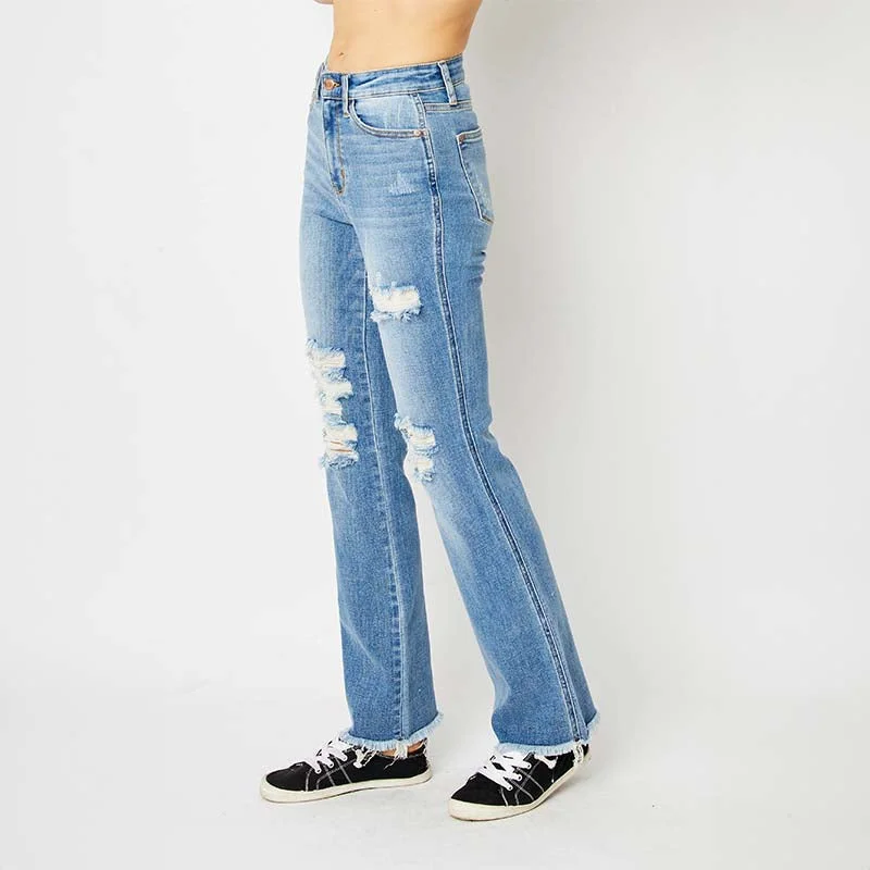 Stylish Outerwear Clothes For Women Fray Hem High Rise Flare Jeans