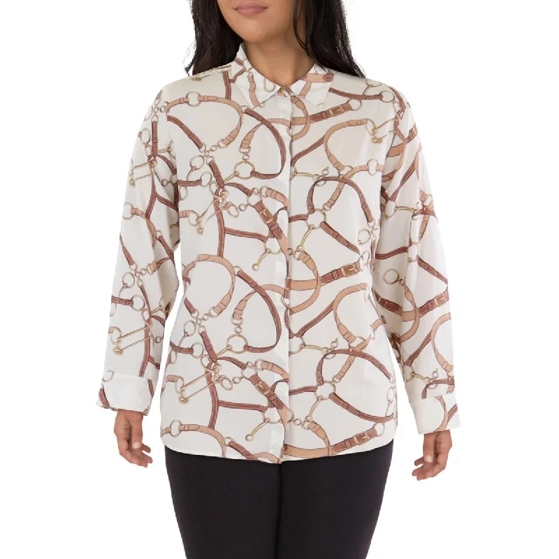 Women's Online Boutique Plus Womens Printed Collared Button-Down Top