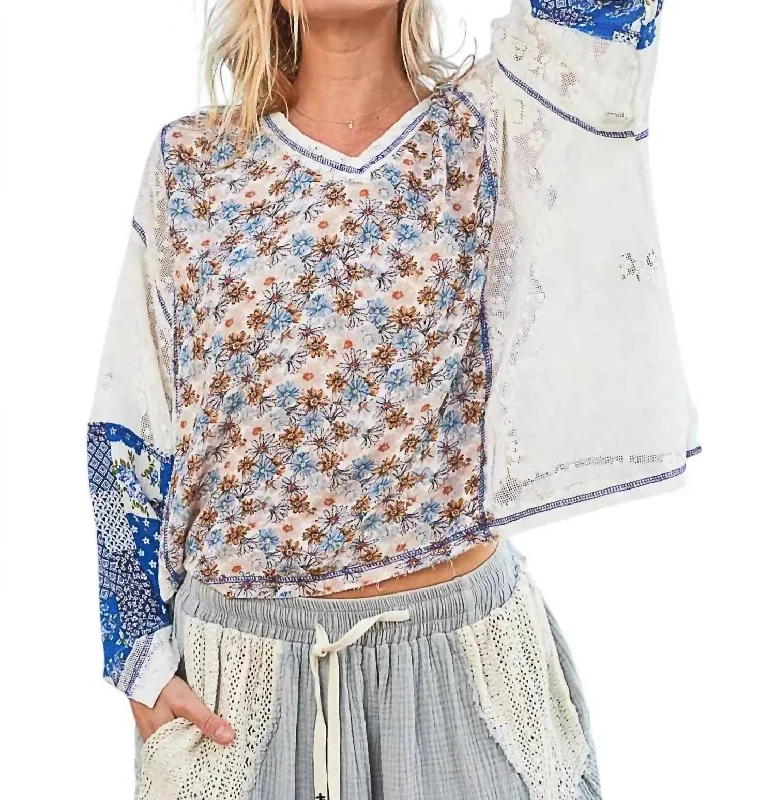 Unique Women's Fashion Pieces Crochet Lace Floral Oversized Top In Blues