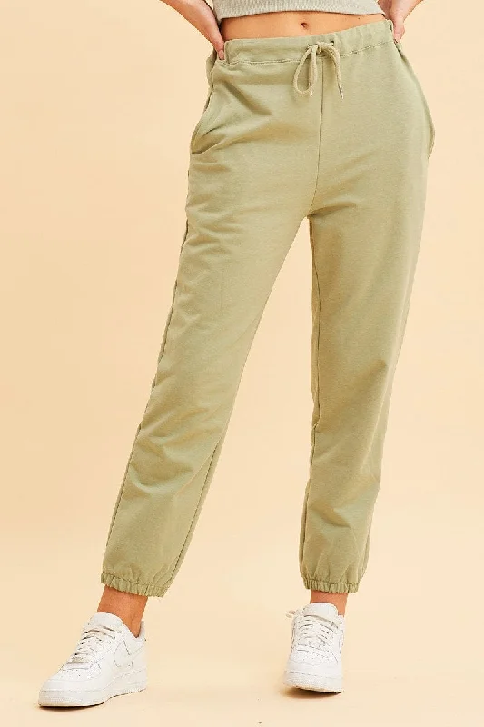 Premium Fashion Green Lounge Pant Cotton Terry Stretch Drawstring Waist