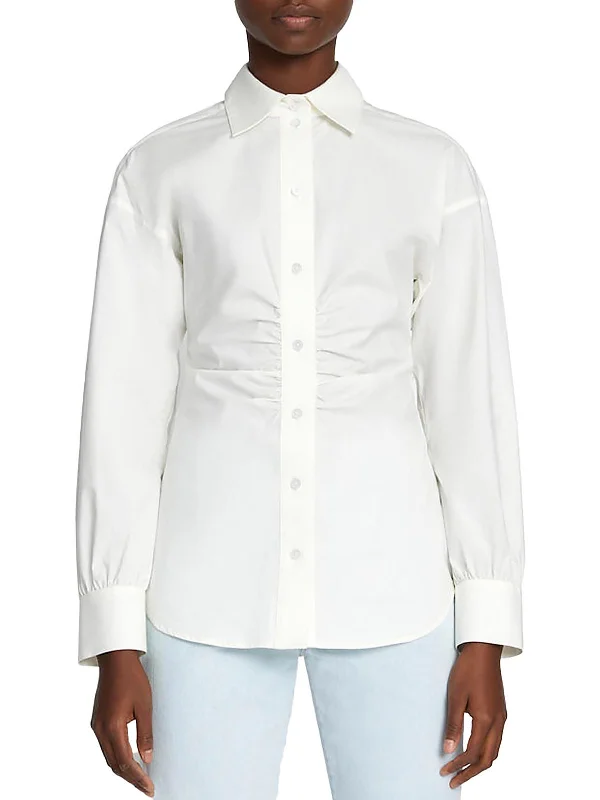 Online Clothing Boutiques Womens Ruched Poplin Button-Down Top