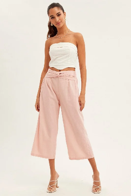 Chic Outfits Pink Twist Front Textured Cotton Pant