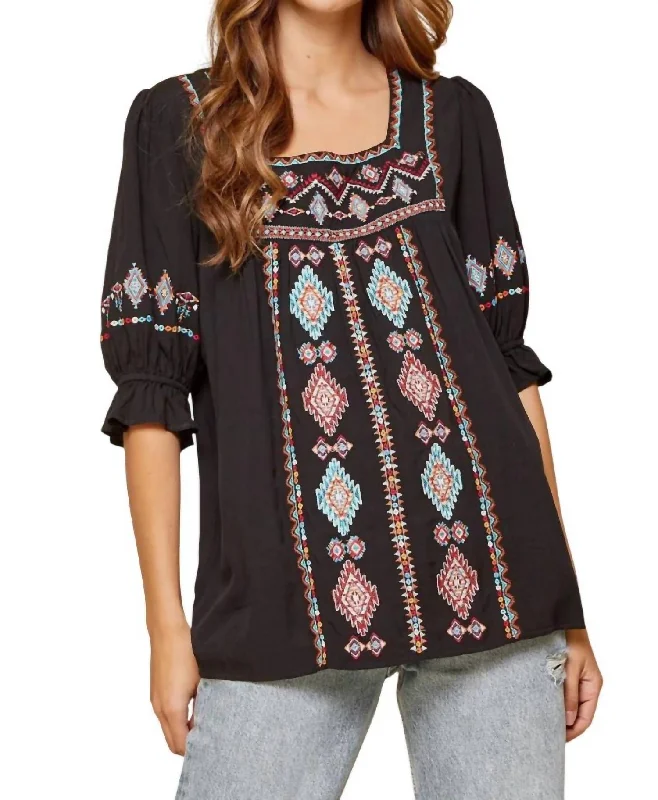 Effortless Chic for Women Embroidered Peasant Top In Black