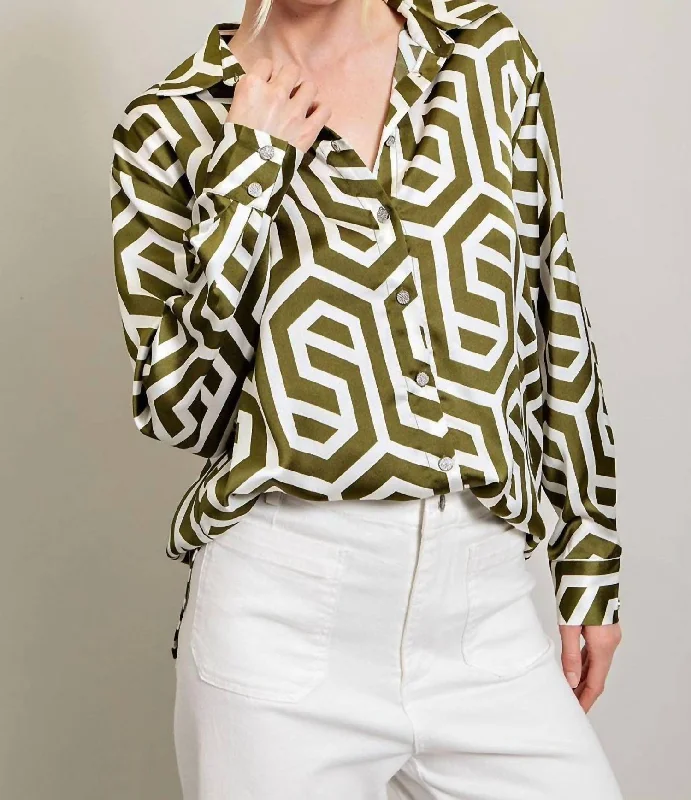 Plus Size Women's Fashion and Clothing Geometric Button Up In Ivory And Olive