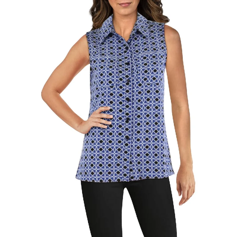 Premium Fabrics Petites Womens Printed Collar Button-Down Top