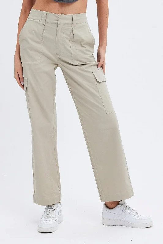 Plus Size Women Wear Beige Cargo Pants Mid Rise Carpenter