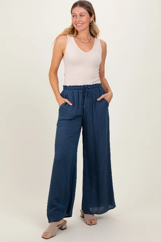 Stylish Everyday Clothing Navy Ruffled Drawstring Waist Wide Leg Pants