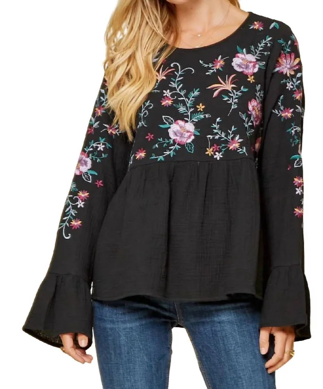 Additional Time-Limited Offers Embroidered Babydoll Top In Black