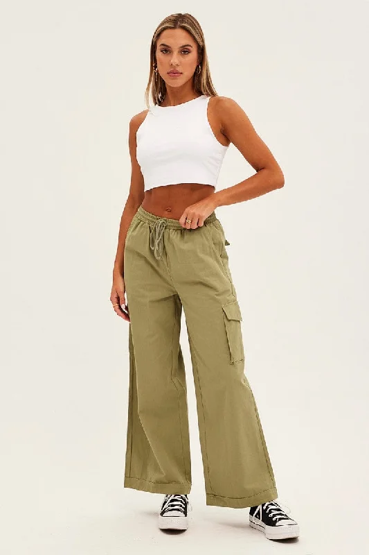 Clothing Online Green Cargo Pant Wide Leg Elastic Waist Cotton Twill