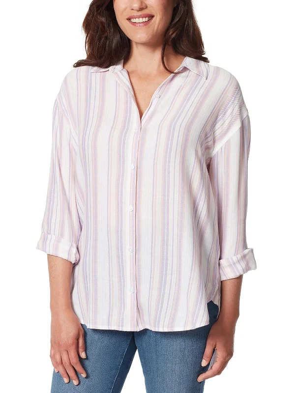 Women's Clothes Womens Adjustable Sleeve Striped Button-Down Top