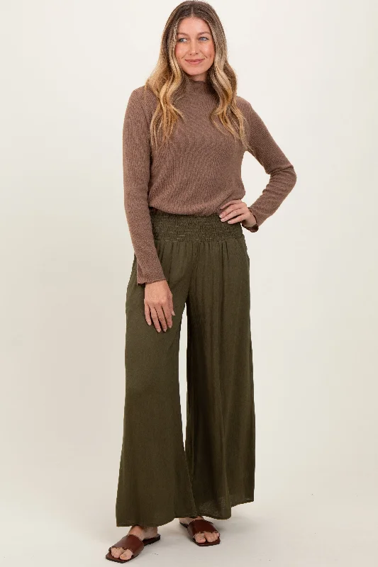 Sophisticated Women's Fashion Olive Wide Smock Waist Pants