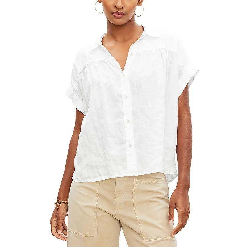 Seasonal Fashion Womens Collared Rolled Sleeves Button-Down Top