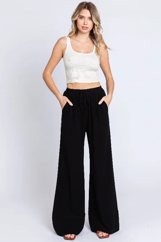 Forward Trendsetter Black Linen Wide Leg Lace Trim Pants