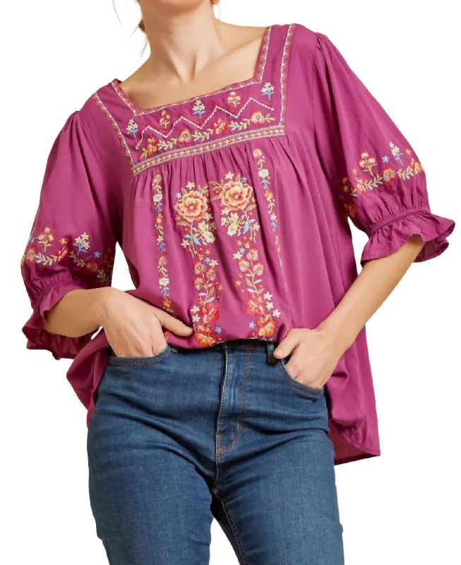 All Season Basics Discount Embroidered Peasant Top In Magenta