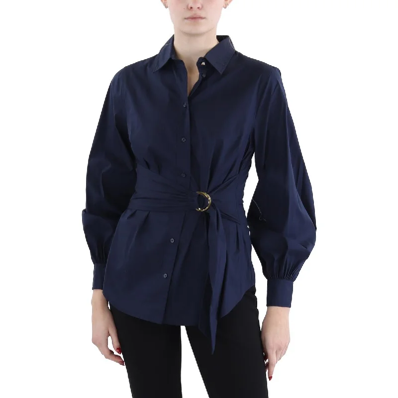 City Fashion Womens Poplin Belted Button-Down Top