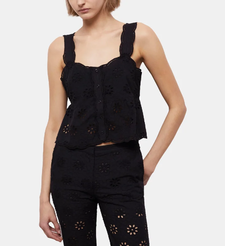 Boho Chic Fashion Short Black Top With Broderie Anglaise