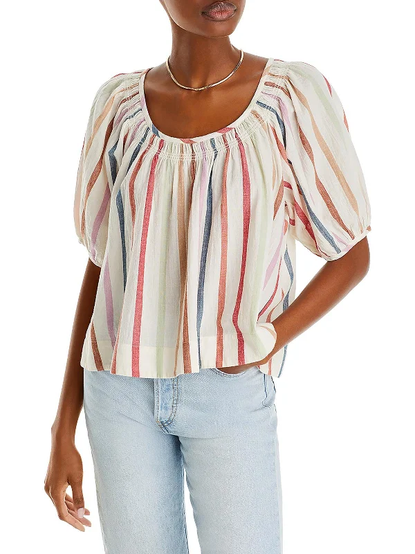 Women's Clothing Womens Striped Back Ties Peasant Top