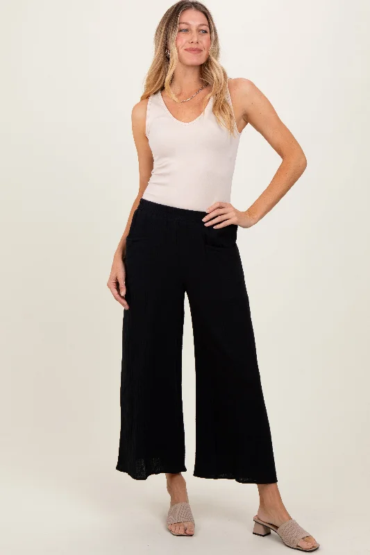 Chic Women's Clothing Black Cotton Gauze Wide Leg Pants