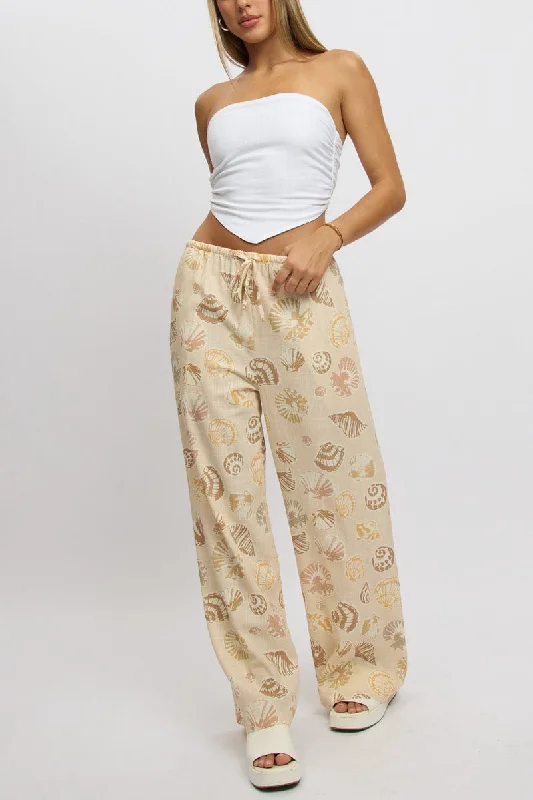 Effortless Chic for Women Beige Abstract Wide Leg Pants High Rise