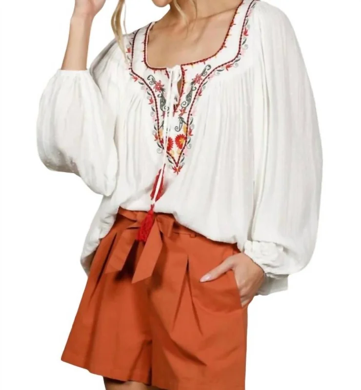 New Season Fashion Preview Square Neck Embroidered Top In Off White