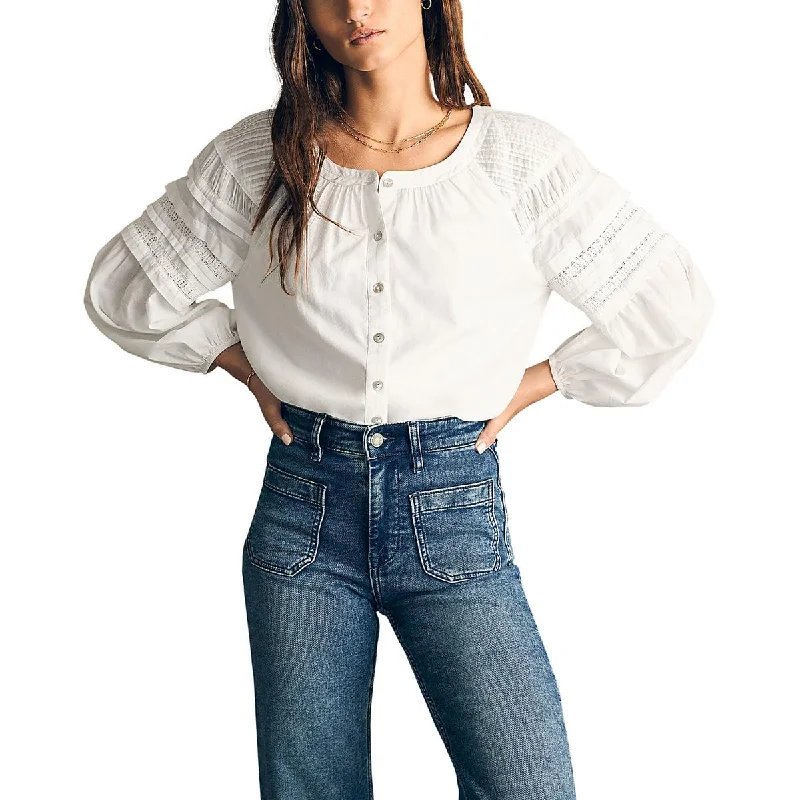 Budget-Friendly Fashion Womens Crewneck Cotton Button-Down Top