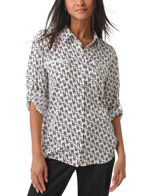 Effortless Everyday Wear Womens Logo Collared Button-Down Top