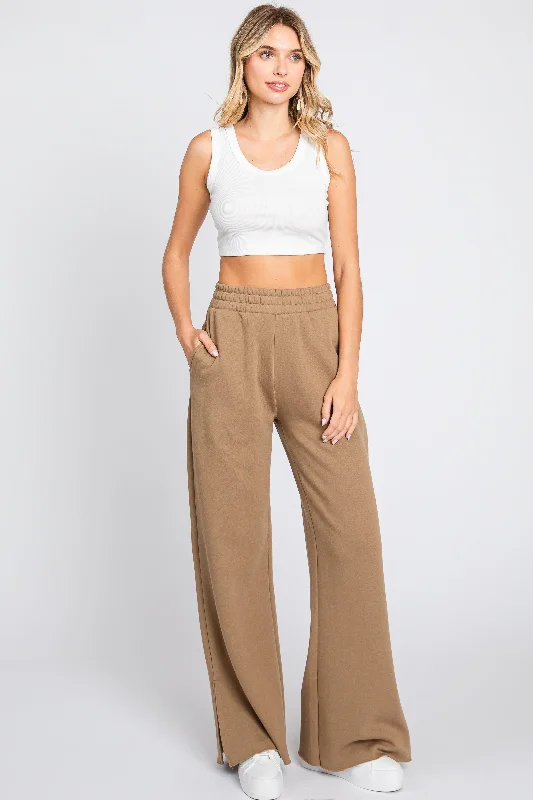 Athleisure Wear Special Offer Brown Soft Wide Leg Side Slit Sweatpants