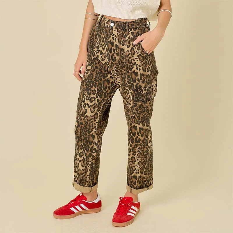 Women's Contemporary Clothing 5 Pocket Leopard Denim Pants