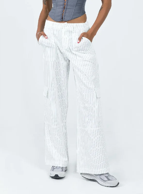 Style Your Wardrobe Luna Mid Rise Cargo Pants White Pinstripe