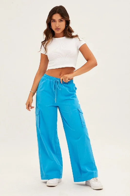 Affordable Online Boutiques Blue Cargo Pant Wide Leg Elastic Waist Cotton Twill