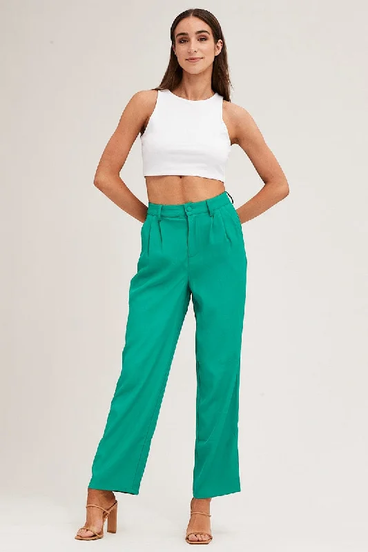 Clearance Event Green Pleat Detail High Waist Pant