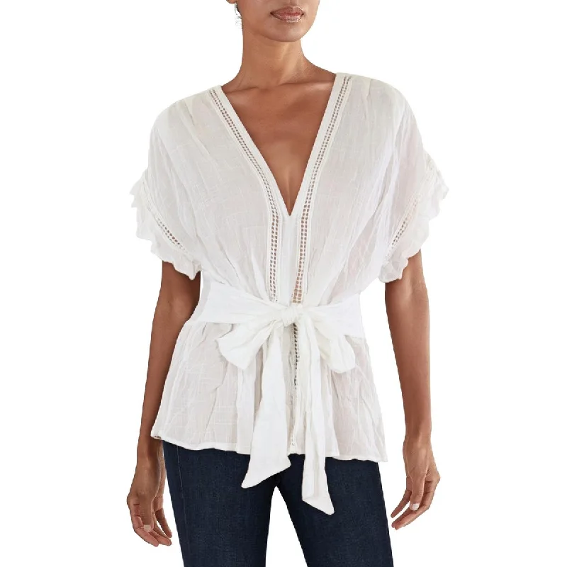 Chic Wardrobe Womens Ruffled Cotton Button-Down Top