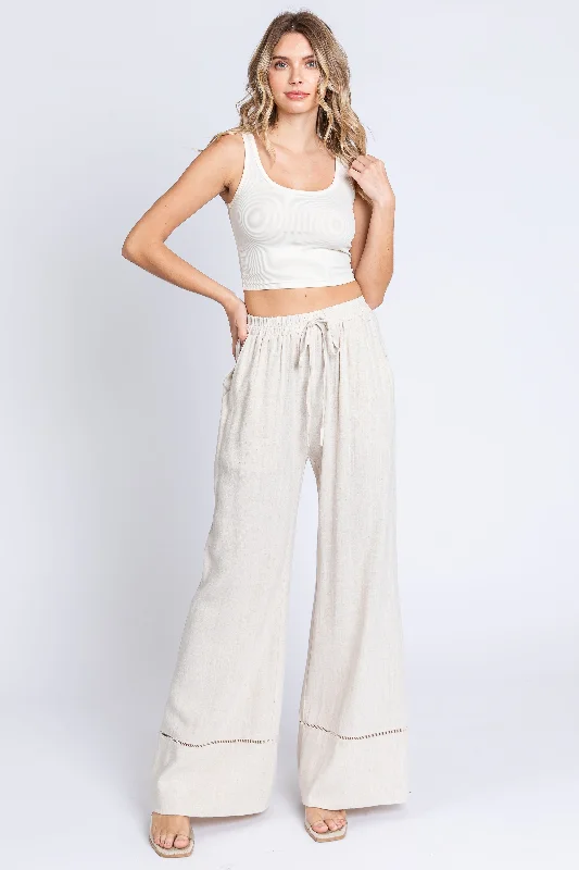 Chic And Edgy Beige Linen Wide Leg Lace Trim Pants