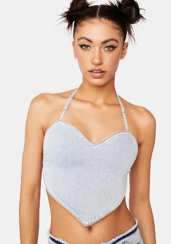 Cutting Edge Fashion Pearly Heart Denim Top