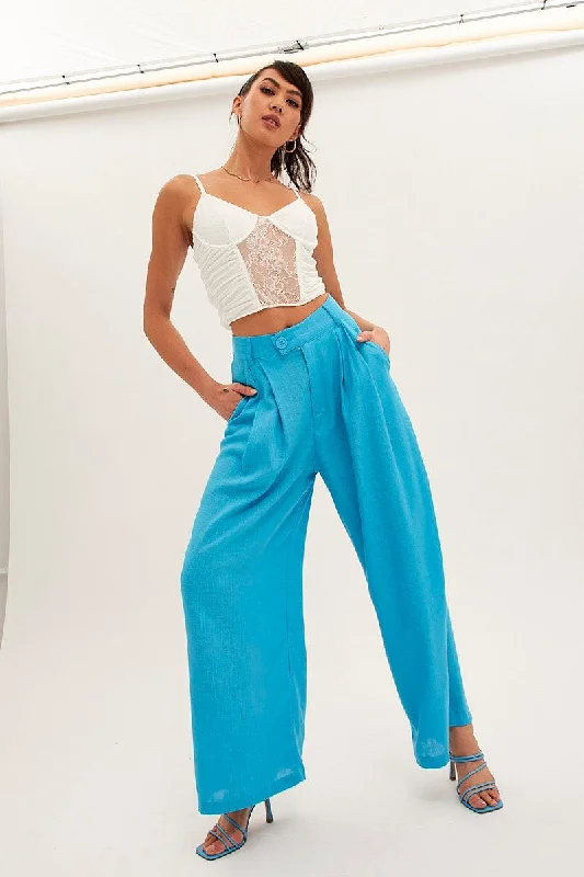 Timeless Women's Fashion Styles Blue Wide Leg Pants High Rise Linen Blend