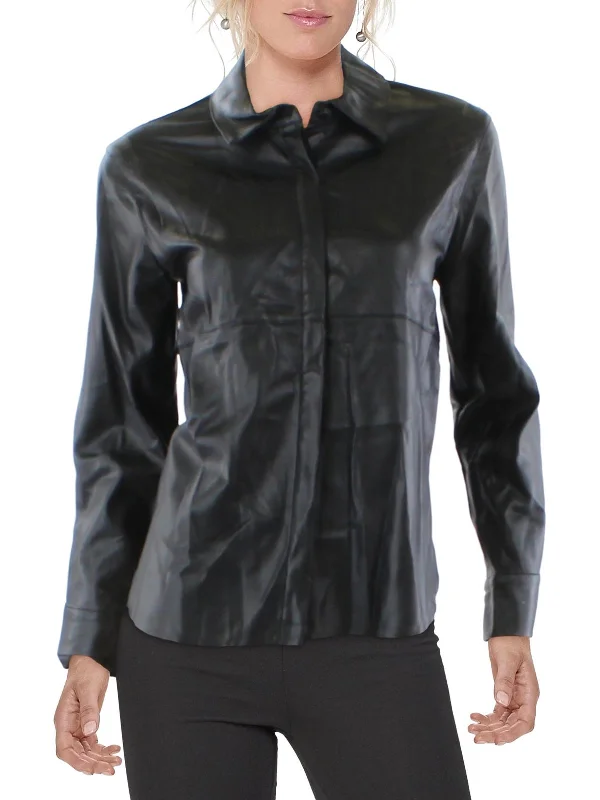 Outfits For Women Womens Faux Leather Collar Button-Down Top