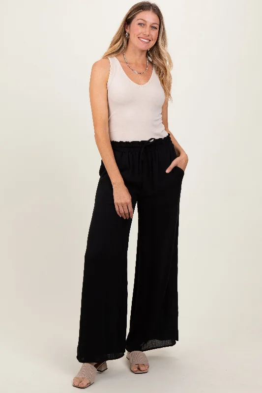 Casual Fashion for Women Black Ruffled Drawstring Waist Wide Leg Pants