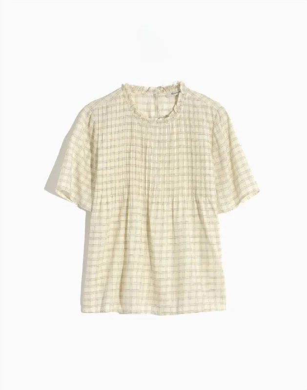 Luxury Women's Clothing Ruffle Collar Windowpane Pintuck Top In Ivory