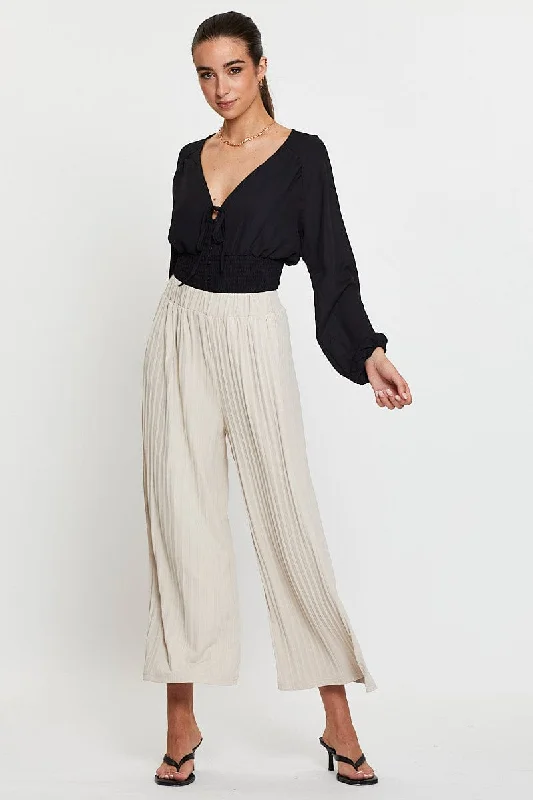 Gorgeous Glamour Collection Beige Ribbed Pants High Rise Wide Leg