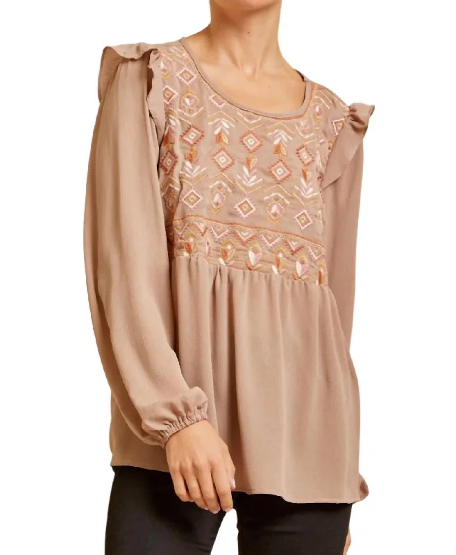 Big Discounts Embroidered Babydoll Ruffle Top In Mocha